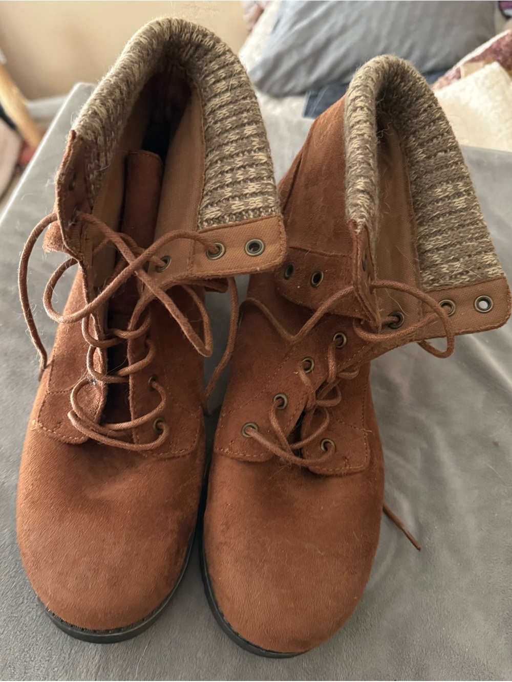 Arizona Jean Company Cognac Suede Lace-Up Ankle Booties with Knit Collar